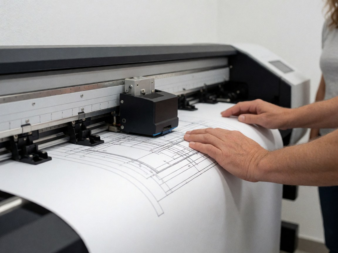 Hands guiding a white paper roll as a large format printer outputs a technical blueprint with clear lines.