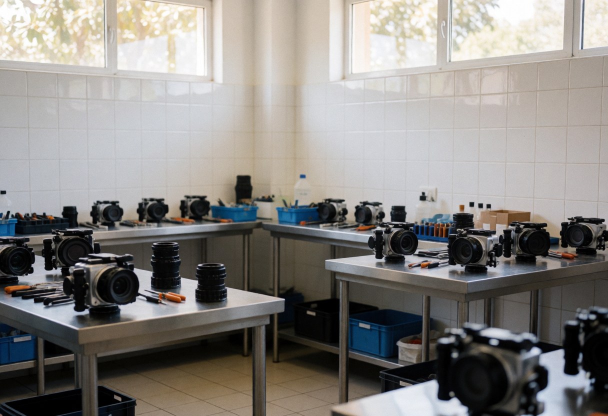 Clean underwater camera repair workshop featuring steel worktables, tools, and natural light entering through windows with tiled walls.