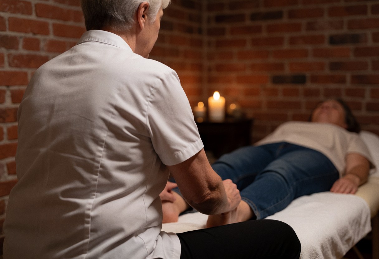 Shiatsu therapist applying pressure to a client's legs on a treatment table in a calm room with brick walls and a candle.