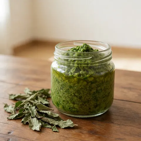 Glass jar filled with green epazote paste and seed oil sits on a wooden surface alongside dried herbs in a wellness setting