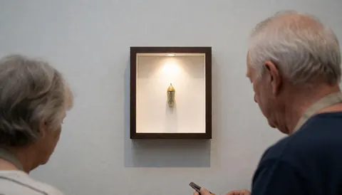 Two individuals observe artwork in a dark wooden frame on a gray wall, lit by warm spotlight in a minimalist gallery.