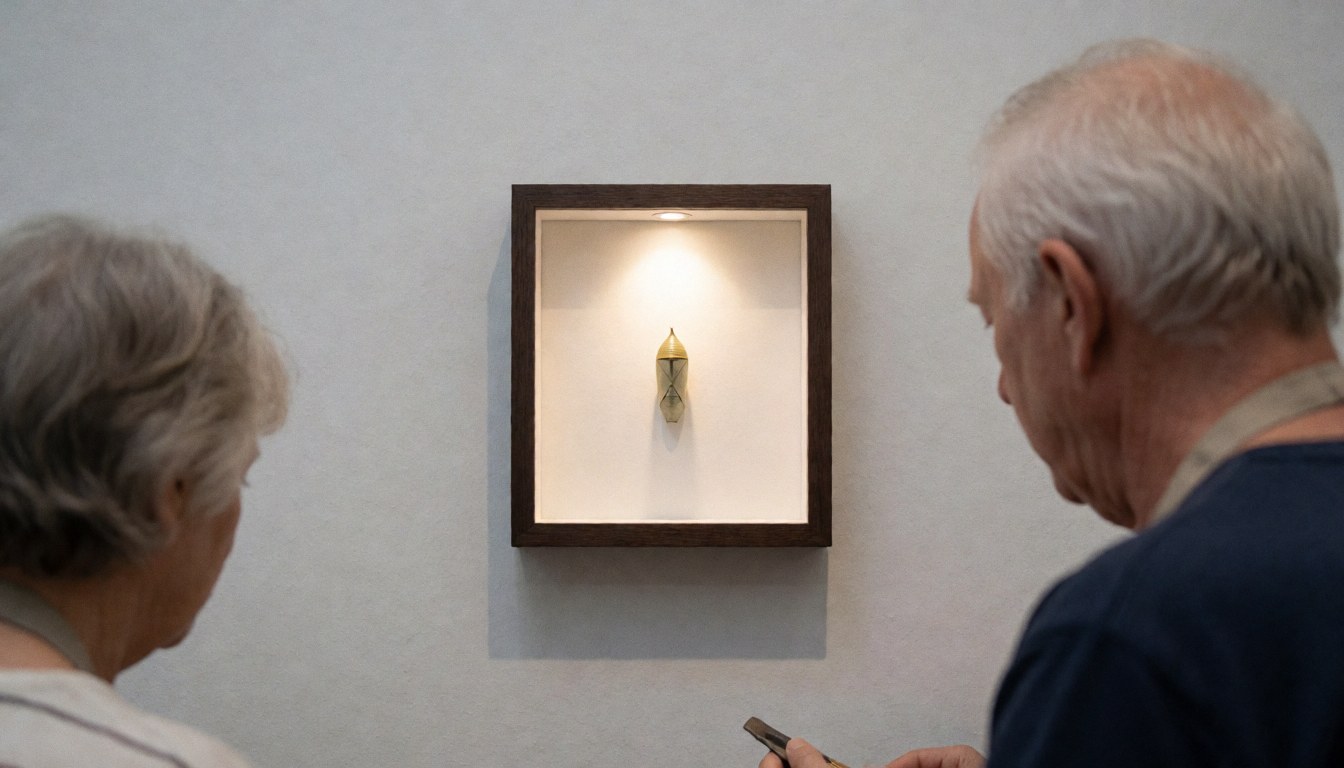 Two individuals observe artwork in a dark wooden frame on a gray wall, lit by warm spotlight in a minimalist gallery.