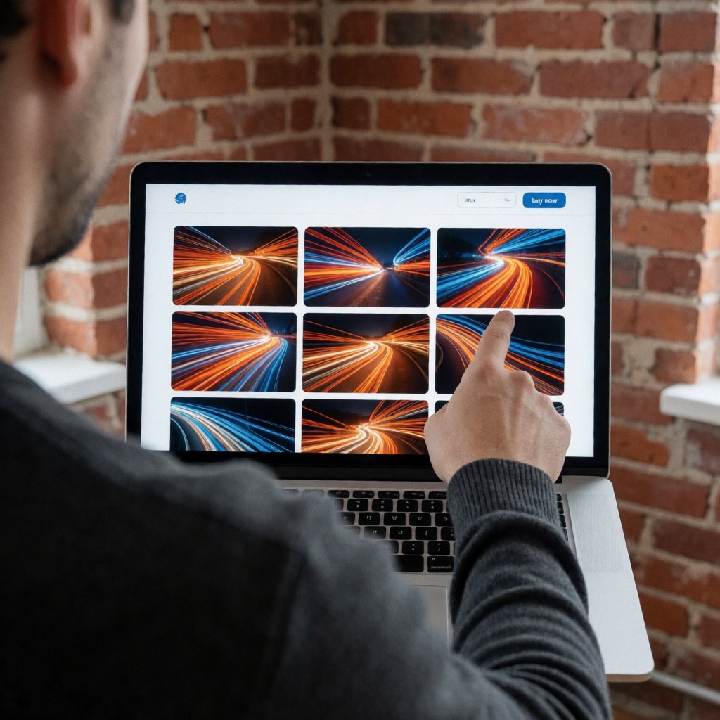 Creative photographer reviewing light painting images on a laptop with a red brick wall background, ideal for digital photography downloads.