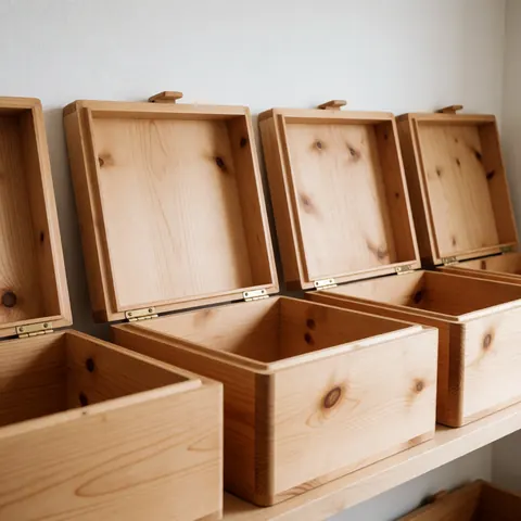 Open wooden storage boxes on a shelf showing natural grain and gold hinges for home or business use