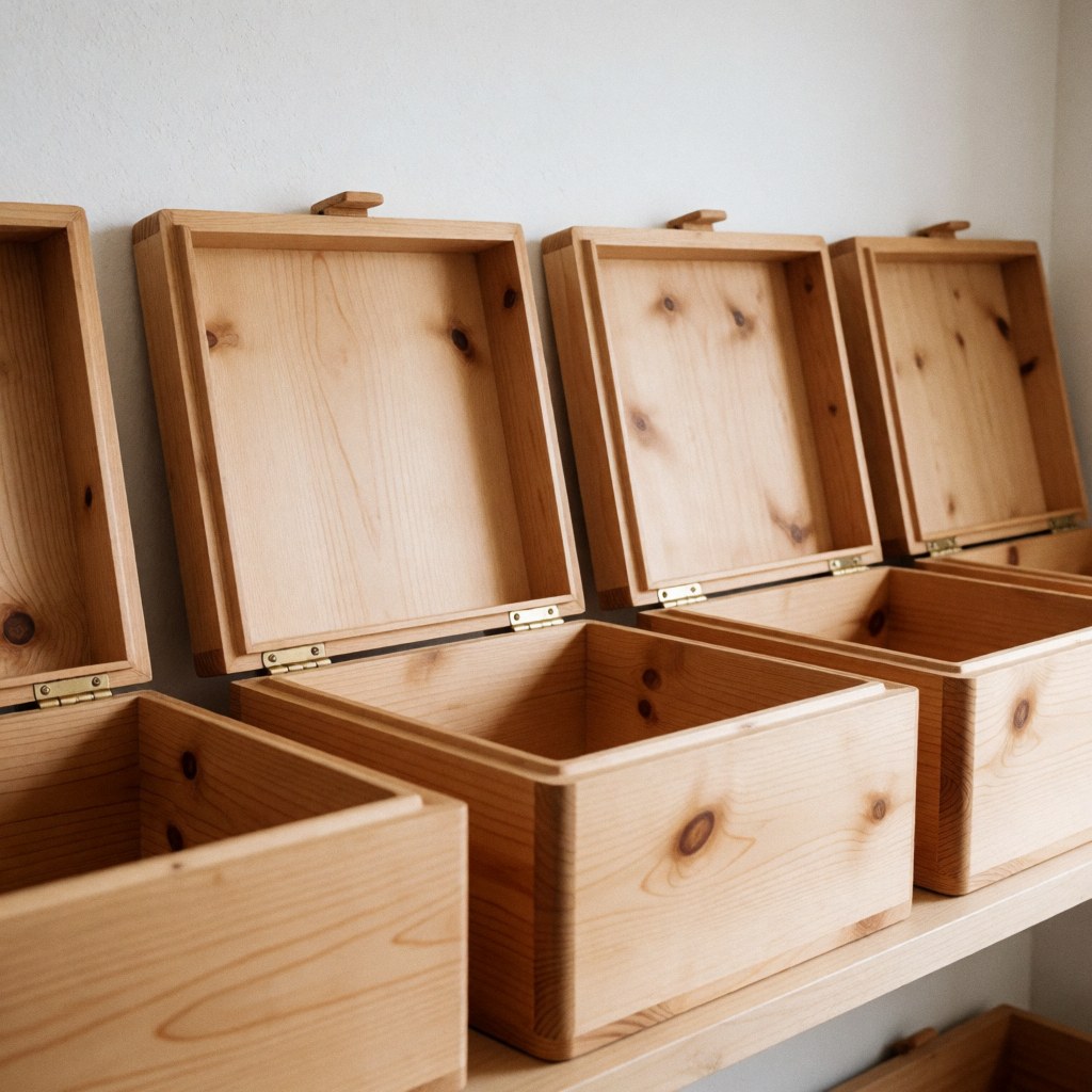 Open wooden storage boxes on a shelf showing natural grain and gold hinges for home or business use