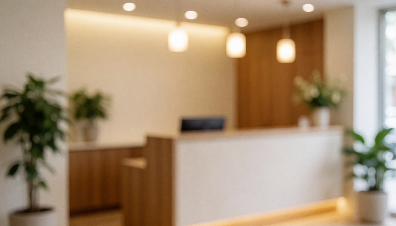 Interior of a clinic reception area featuring green plants and warm lights, suitable for holistic health and wellness service backgrounds
