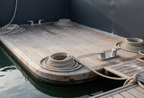 Wooden deck with ropes and metal cleats, calm water and gray wall, ideal for underwater photographers