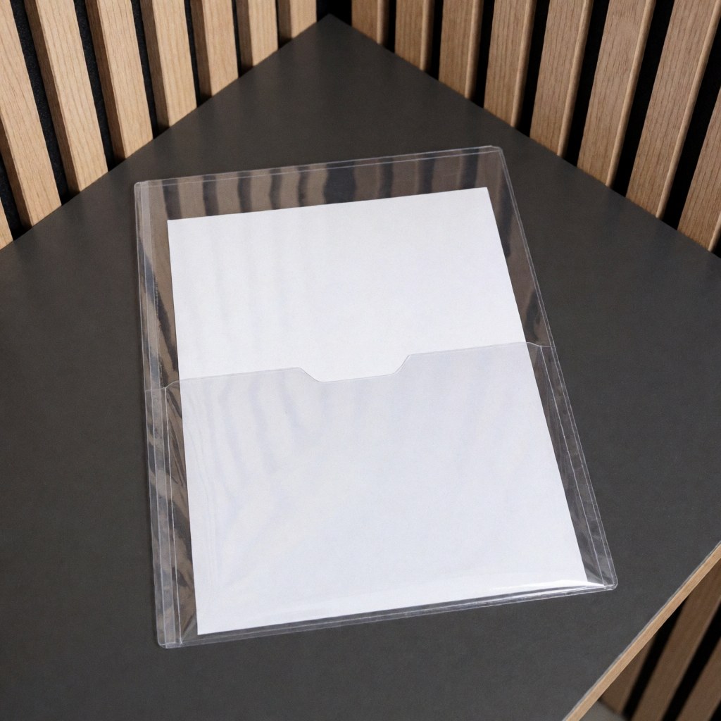 Clear plastic document sleeve with front window resting on a black table, ideal for presenting theses or reports against a light wood slat background.