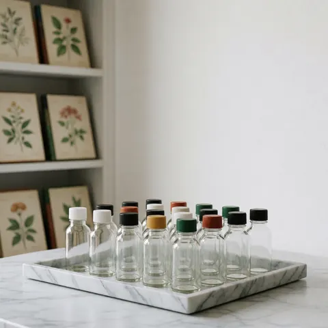 Collection of glass homeopathy jars with colorful lids on a white marble tray, set against a shelf with botanical illustrations, ideal for natural medicine products.