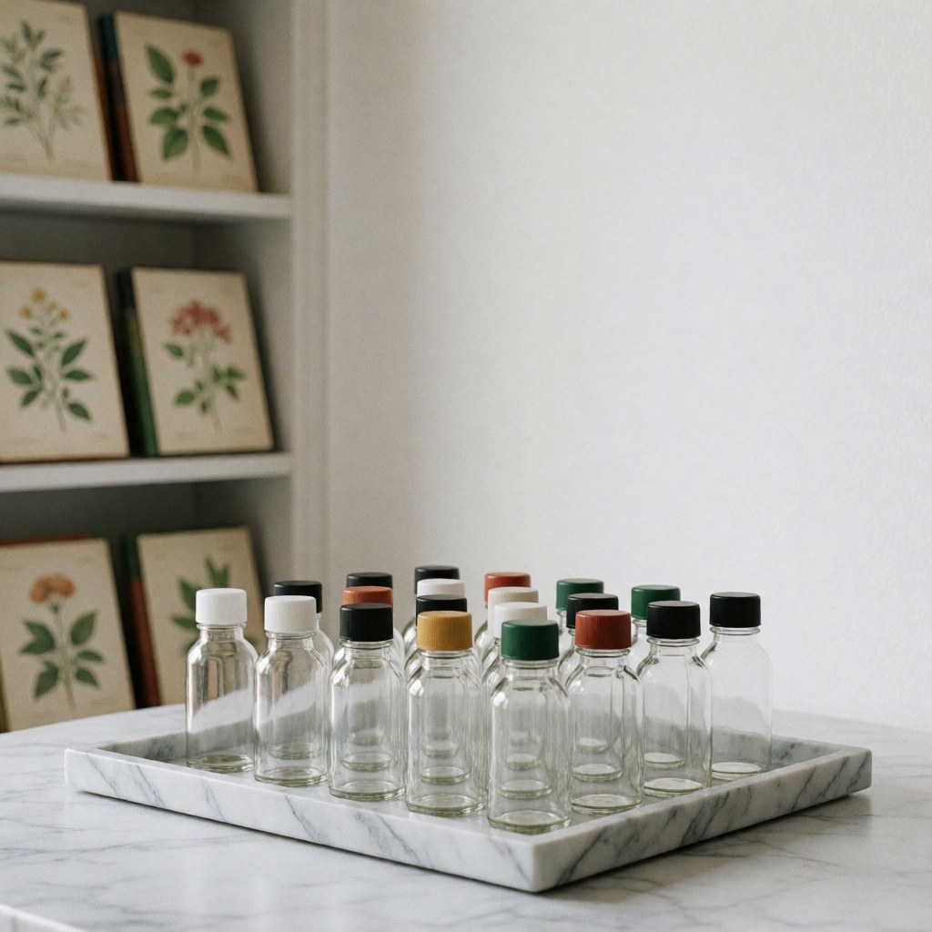 Collection of glass homeopathy jars with colorful lids on a white marble tray, set against a shelf with botanical illustrations, ideal for natural medicine products.