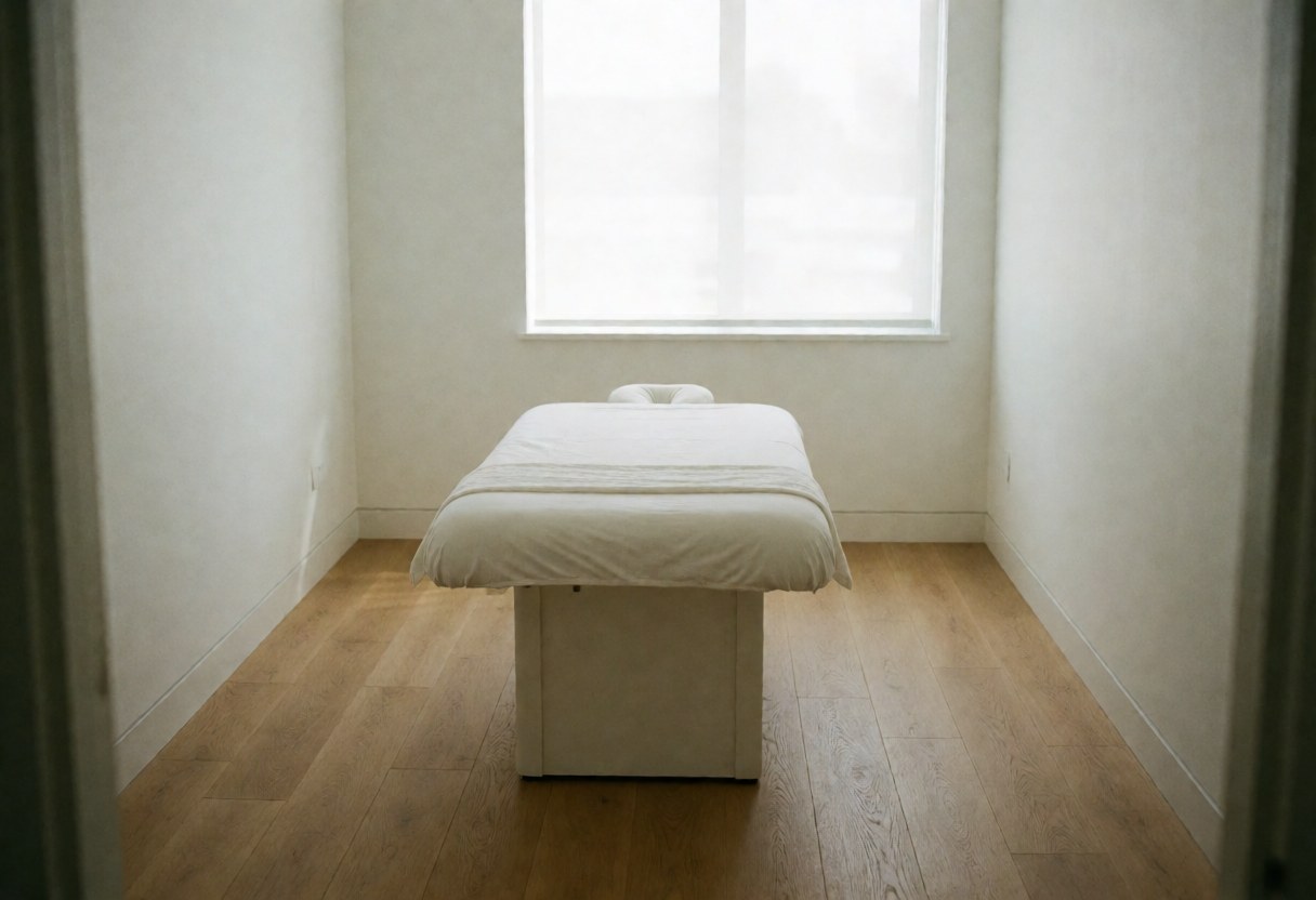 Clean modern ayurvedic massage room featuring a white treatment bed, light wood flooring, and a window letting in natural light for relaxation.