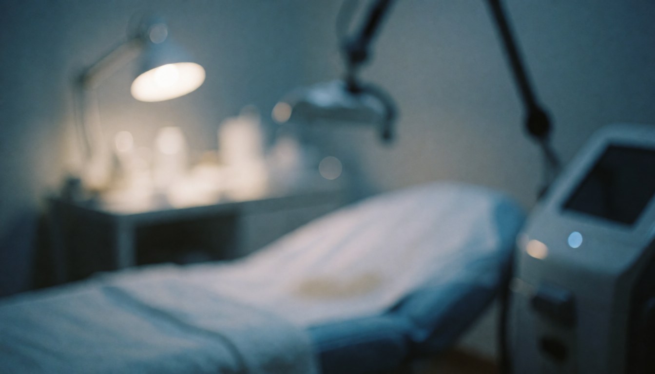 Blurred background of a laser hair removal clinic featuring a treatment bed, laser machine, and desk lamp with cool tones, ideal for text overlay