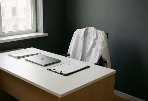 Modern medical office featuring a white desk, laptop, white coat on a chair, and gray walls, ideal for health and personal care services