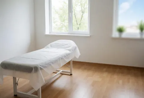 Empty aesthetic treatment room with a sterile bed, white walls, light wood floor, and natural light from windows