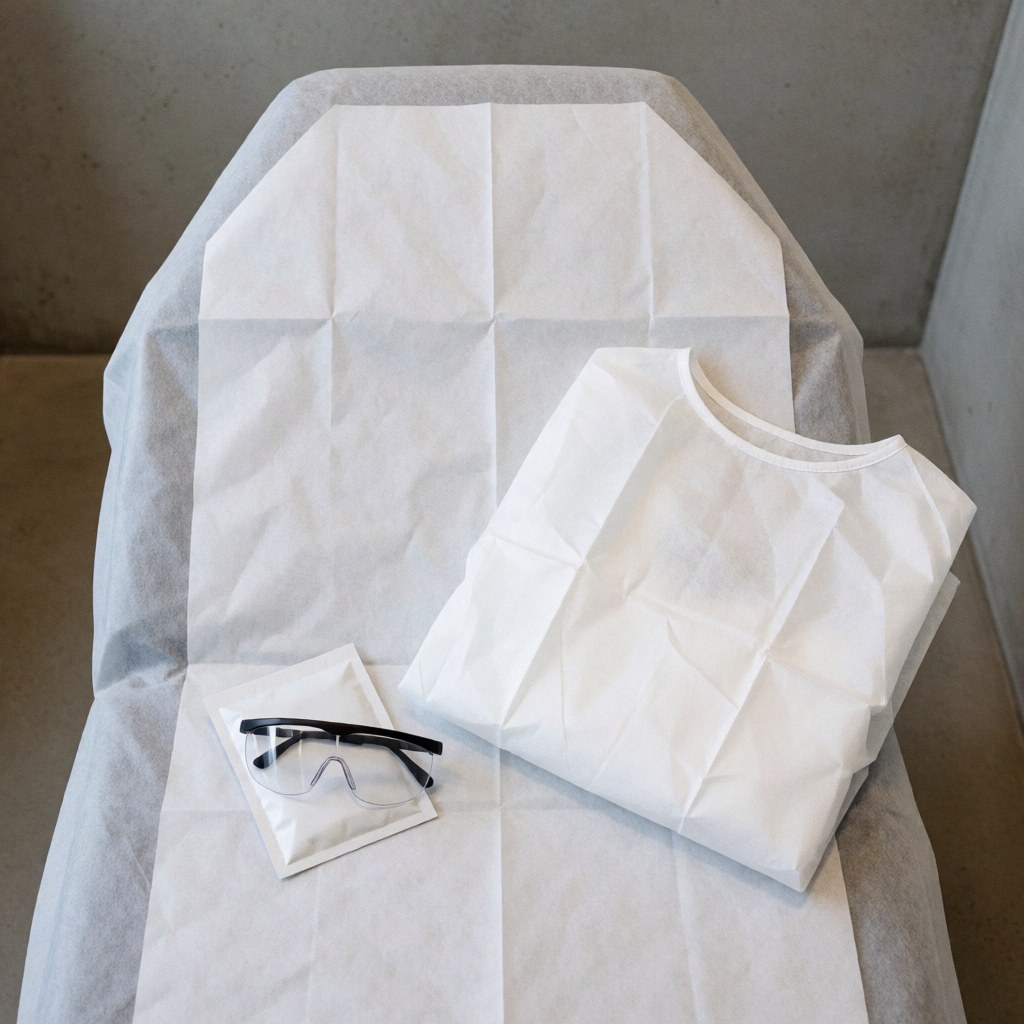 Clean treatment bed with disposable towel, protective clothing, and safety glasses ready for laser hair removal in a professional clinic.