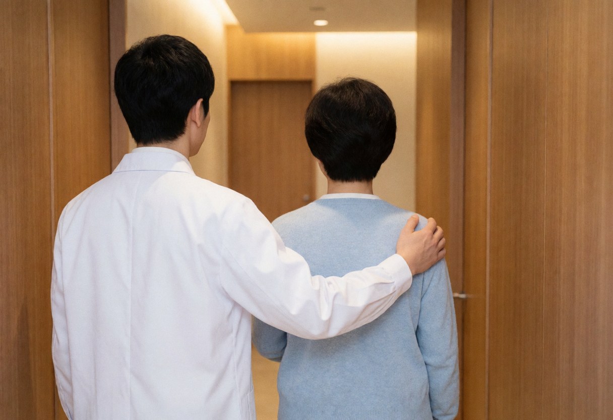 A healthcare provider in a white coat guides a patient through a warm, wood-paneled corridor with a reassuring hand on the shoulder.