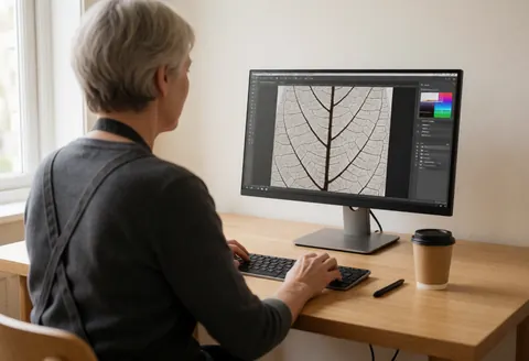 Macro photographer editing a detailed leaf image on a wooden desk with natural light, coffee, and stylus.