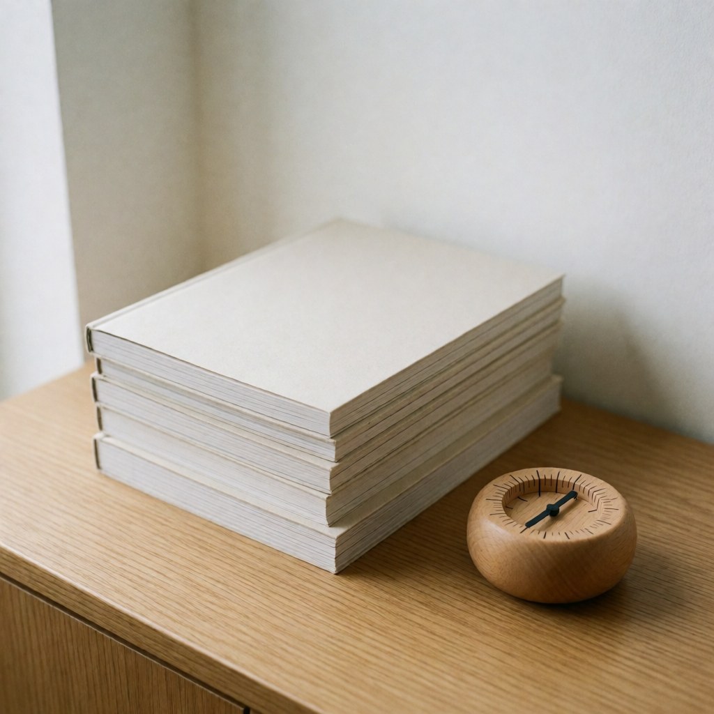Stack of unbranded therapy guides and a wooden clock on an oak table in a minimalist, relaxing setting ideal for hypnotherapy and self-help.