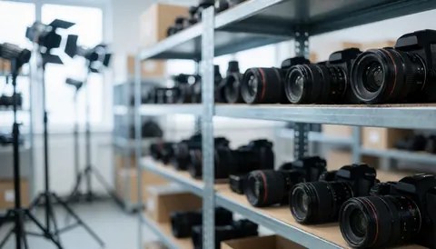 Metal shelves holding professional cameras and lenses with studio lights in a blurred industrial background for documentary photography.