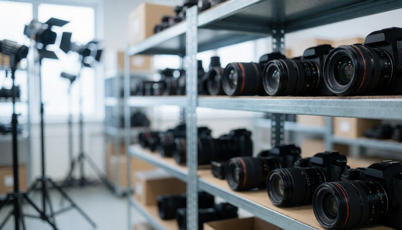 Metal shelves holding professional cameras and lenses with studio lights in a blurred industrial background for documentary photography.