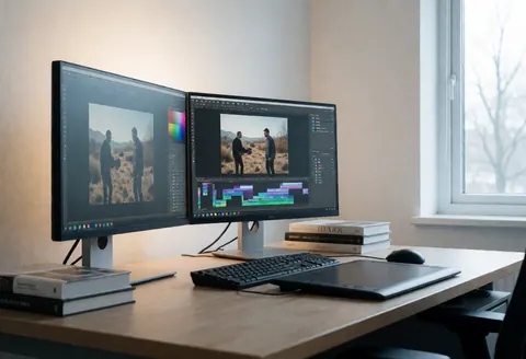 Neat workspace featuring dual monitors, tablet, keyboard, and books near a window with natural light, ideal for documentary photographers.