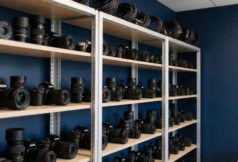 Wooden shelves holding professional cameras and lenses in a documentary photography studio with blue walls, ready for work.