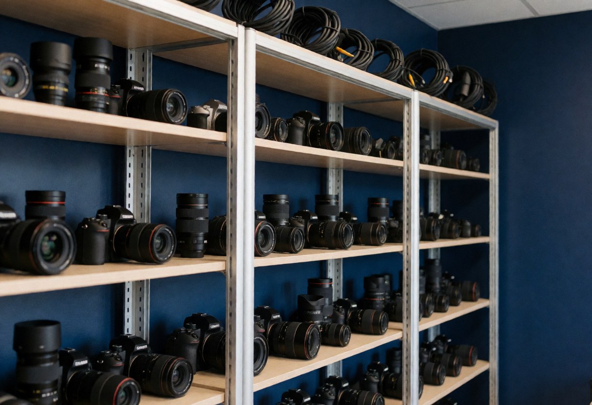 Wooden shelves holding professional cameras and lenses in a documentary photography studio with blue walls, ready for work.