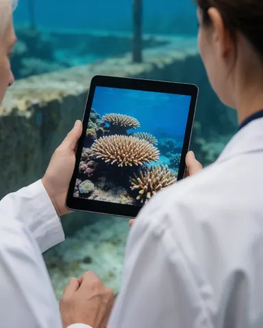A marine biologist in an underwater lab reviews coral images on a tablet with a concrete structure in the background.