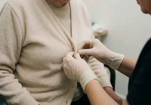 A therapist wearing gloves assists an older adult in removing a beige cardigan during a geriatric care session.