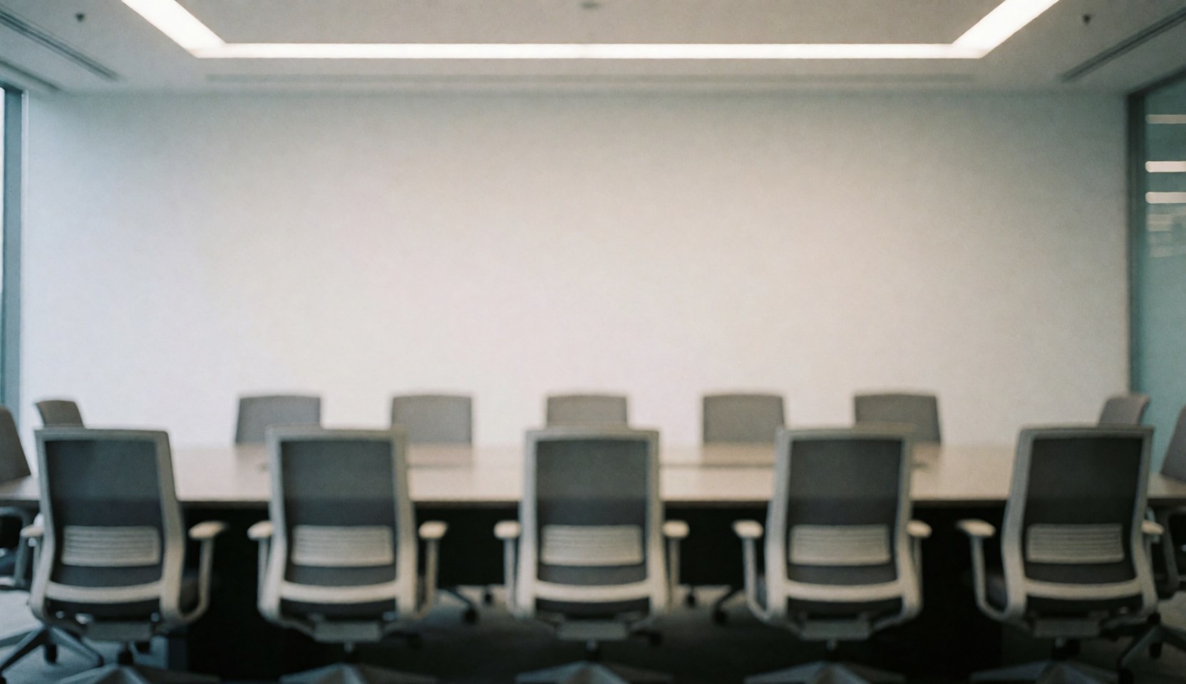 Out of focus modern meeting room featuring empty chairs and a long table, with white walls and ceiling lights, ideal for corporate text backgrounds.