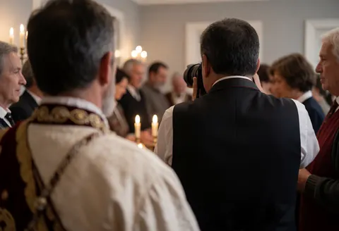 A documentary photographer holding a camera, capturing an event with lit candles and ceremonial attire in a room with gray walls.