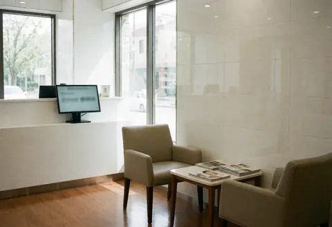 Clean and professional clinic reception area featuring white walls, wooden furniture, chairs, a table, and a window letting in natural light.