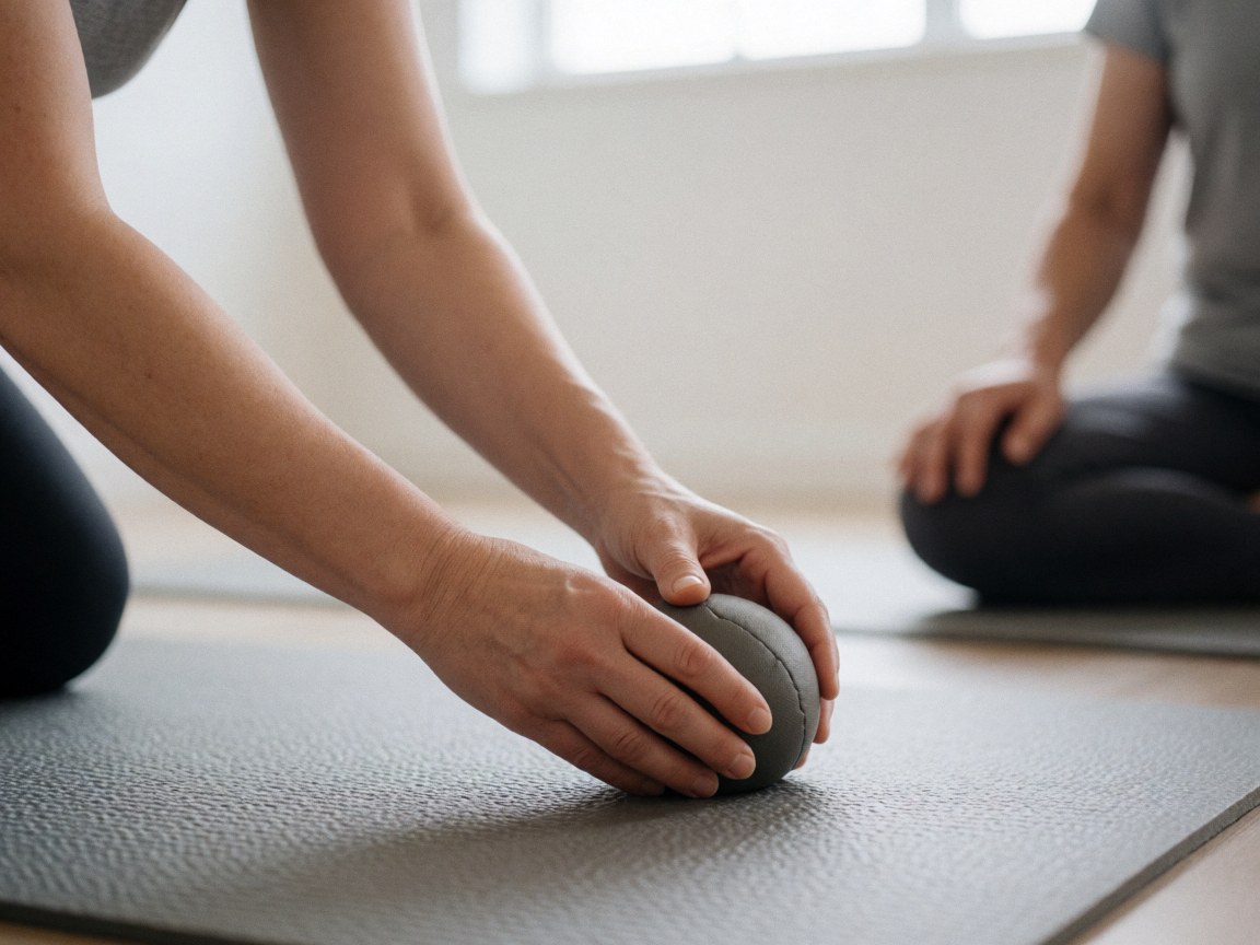 Therapist hands placing a shiatsu ball on a textured mat in a softly lit studio setting