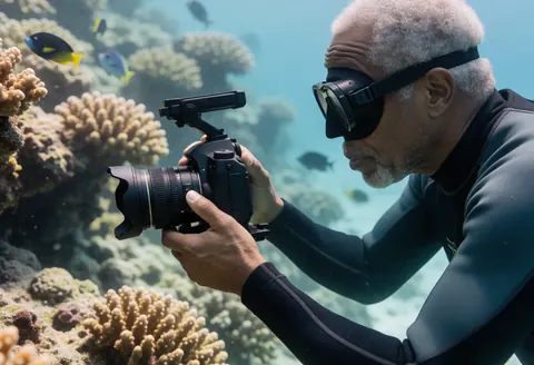 Adult underwater photographer in action taking photos with a professional camera in front of a coral wall with tropical fish in the background