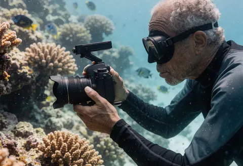 Adult underwater photographer in action taking photos with a professional camera in front of a coral wall with tropical fish in the background