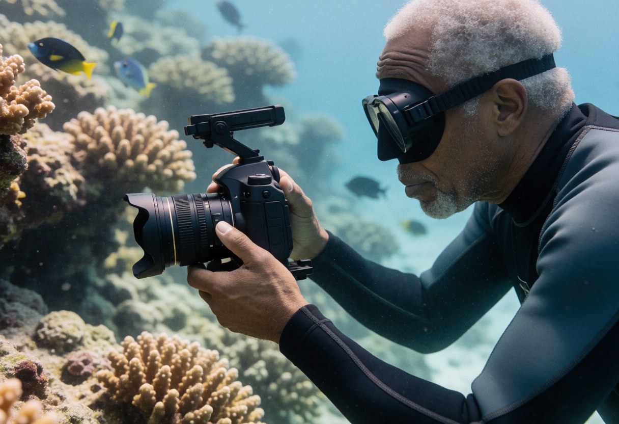Adult underwater photographer in action taking photos with a professional camera in front of a coral wall with tropical fish in the background