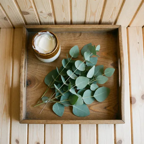 Wooden tray holding a jar of salve and fresh eucalyptus leaves on a light wood plank wall with bright natural light