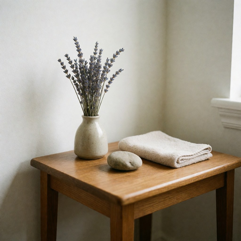 Geriatric massage kit with lavender, smooth stone, and towel on a wooden table for dementia care