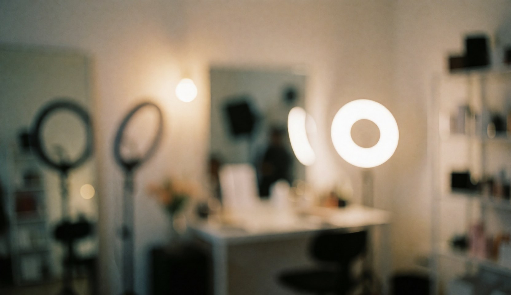 Soft focus background of a professional makeup studio featuring ring lights, mirrors, and shelves with a warm and cozy ambiance suitable for text overlay