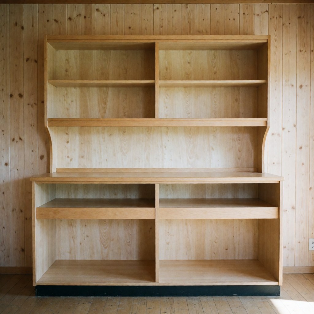 New empty wooden kitchen with light plank walls and natural lighting, ideal for carpentry furniture products