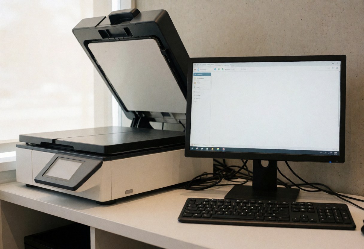 Professional document scanner with monitor and keyboard on a clean desk near a window, ideal for photocopying and binding services