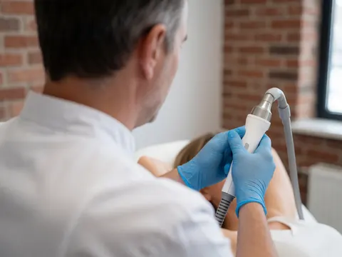 A technician in a white uniform and blue gloves uses a laser device on a client's skin in a clinic with a red brick wall.