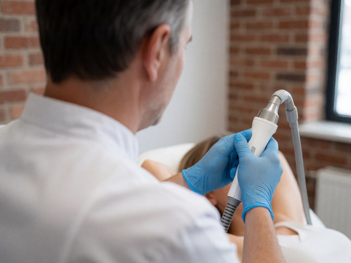 A technician in a white uniform and blue gloves uses a laser device on a client's skin in a clinic with a red brick wall.