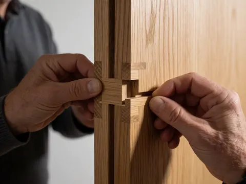 Close-up of adult hands assembling a wooden joint, showcasing natural wood texture and soft lighting in fine furniture carpentry work.