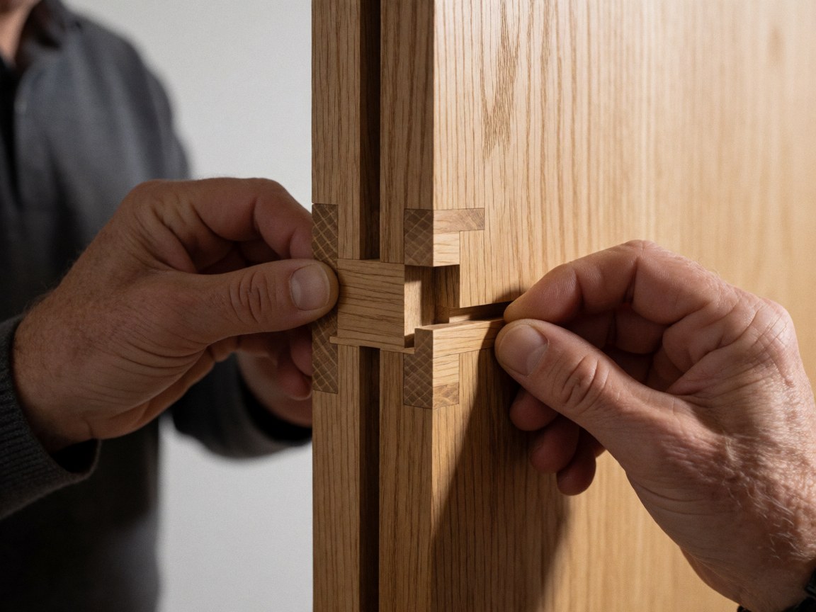 Close-up of adult hands assembling a wooden joint, showcasing natural wood texture and soft lighting in fine furniture carpentry work.