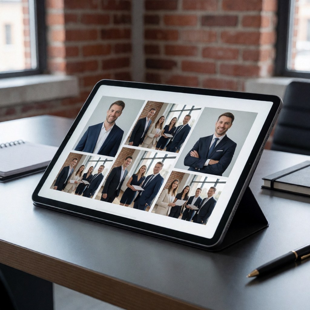 A tablet on a desk showing a corporate photo gallery, next to a brick wall, notebook, and pen.