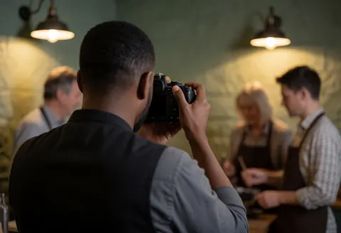 Documentary photographer capturing a scene with a dslr camera in a warm interior with wall lights and blurred people in the background