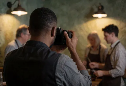 Documentary photographer capturing a scene with a dslr camera in a warm interior with wall lights and blurred people in the background