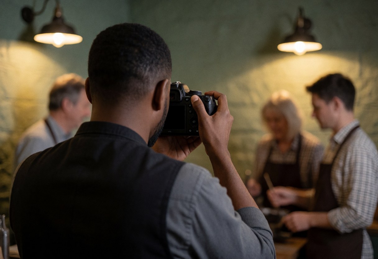 Documentary photographer capturing a scene with a dslr camera in a warm interior with wall lights and blurred people in the background