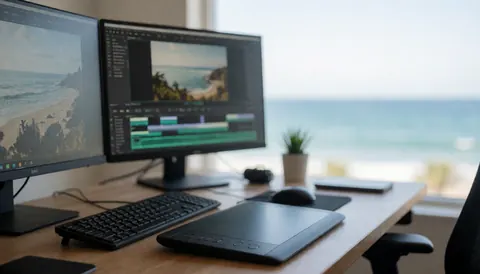 Editing desk with two monitors, graphics tablet, and blurred sea view. Ideal for underwater photography text backgrounds.